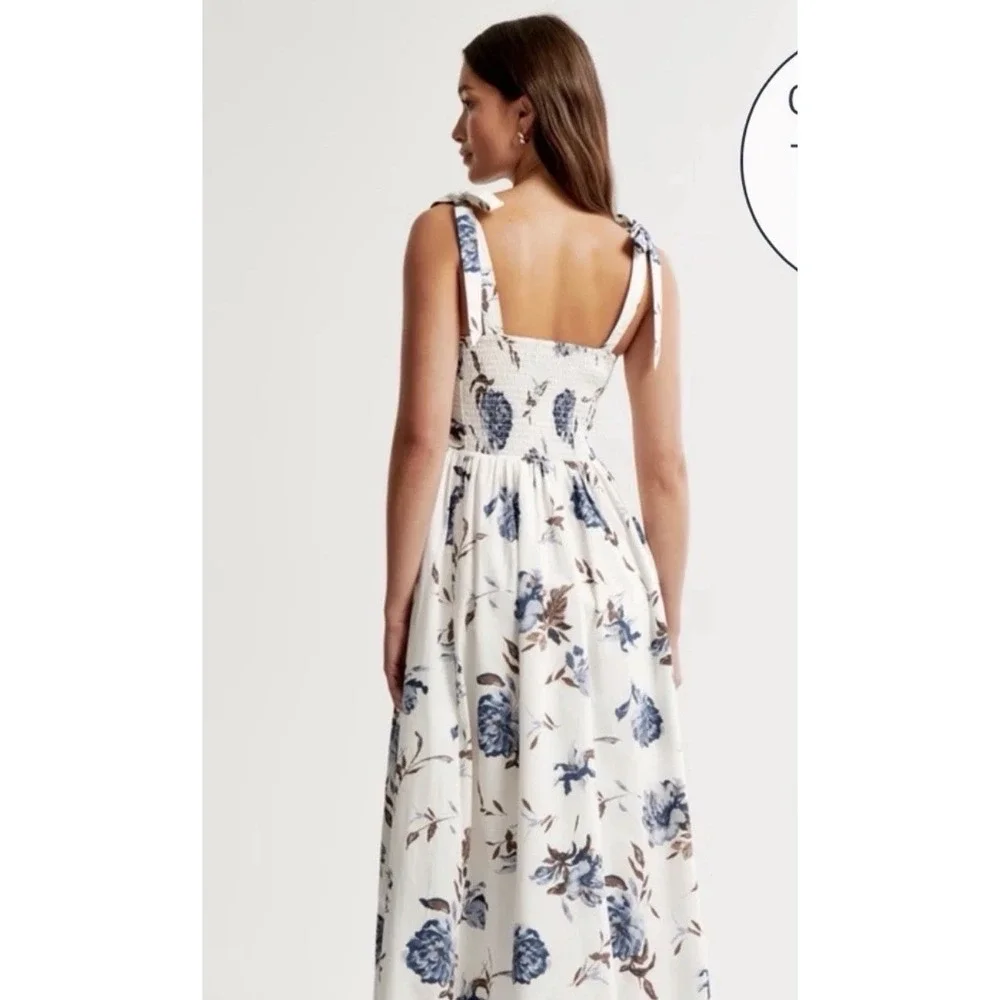 Abercrombie & Fitch Floral‎ Midi Dress Womens S White Blue Excellent Tie Strap